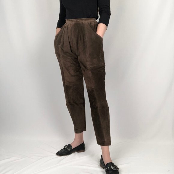 Stunning Vintage High Waisted Suede Leather Pleated Straight Leg Trouser Pants - Picture 7 of 7